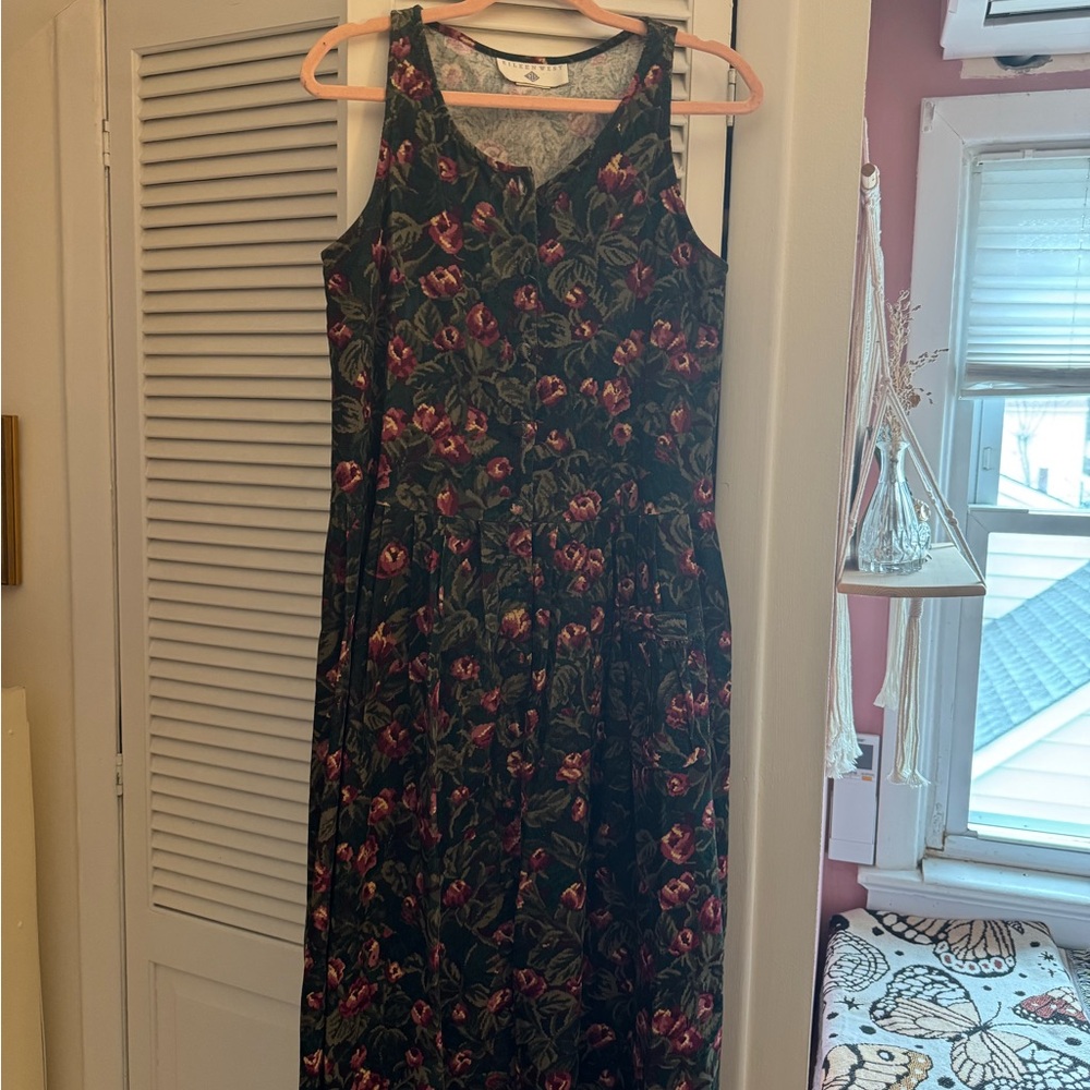 Eileen West Cottagecore Corduroy Floral Button Sleeveless Dress Size 8